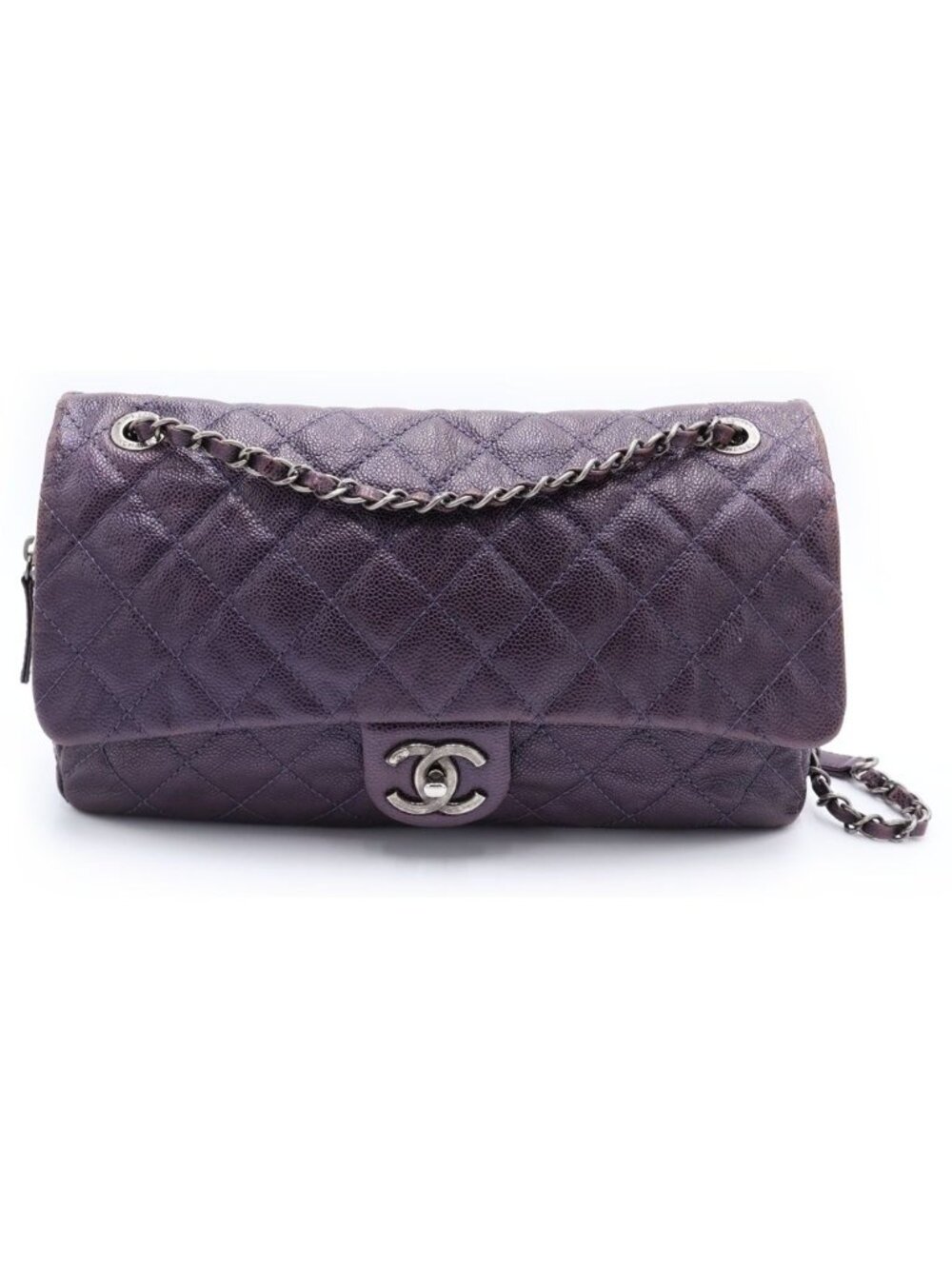 Chanel Maxi Quilted Caviar Leather Silver Chain Shoulder Bag Tote Purple